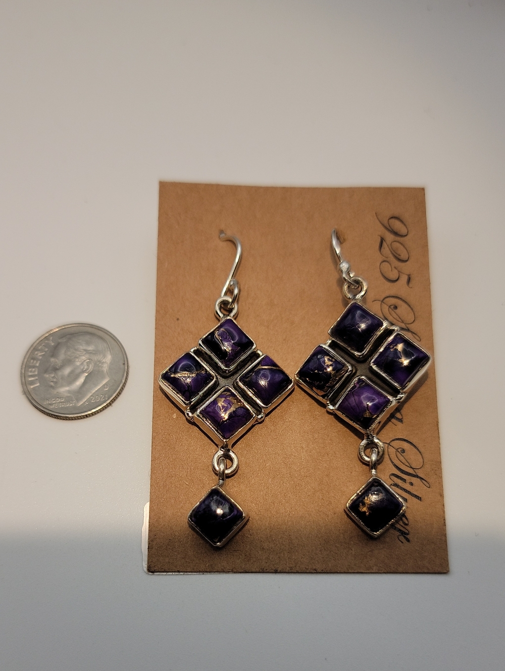 Sterling Silver 925 Kingman Purple Dahlia Turquoise Cluster Dangle Earrings 2” - Picture 8 of 9